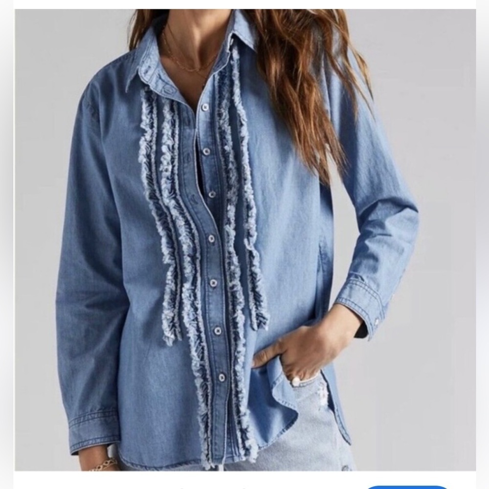 Anthropologie Light Blue Denim Ruffle Shirt